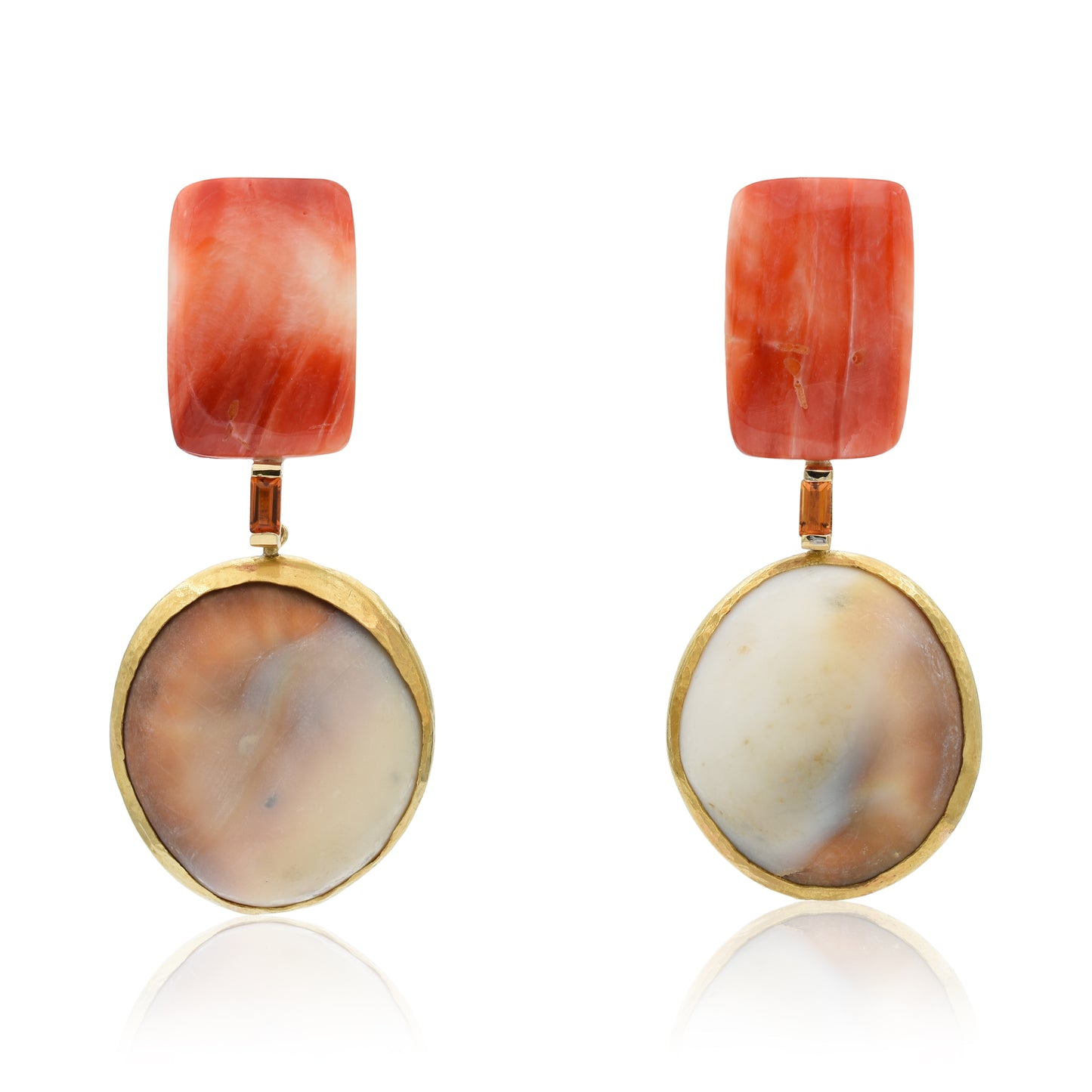 18K Orange Spiny Oyster, Citrine, and Antique Shell Statement Earrings