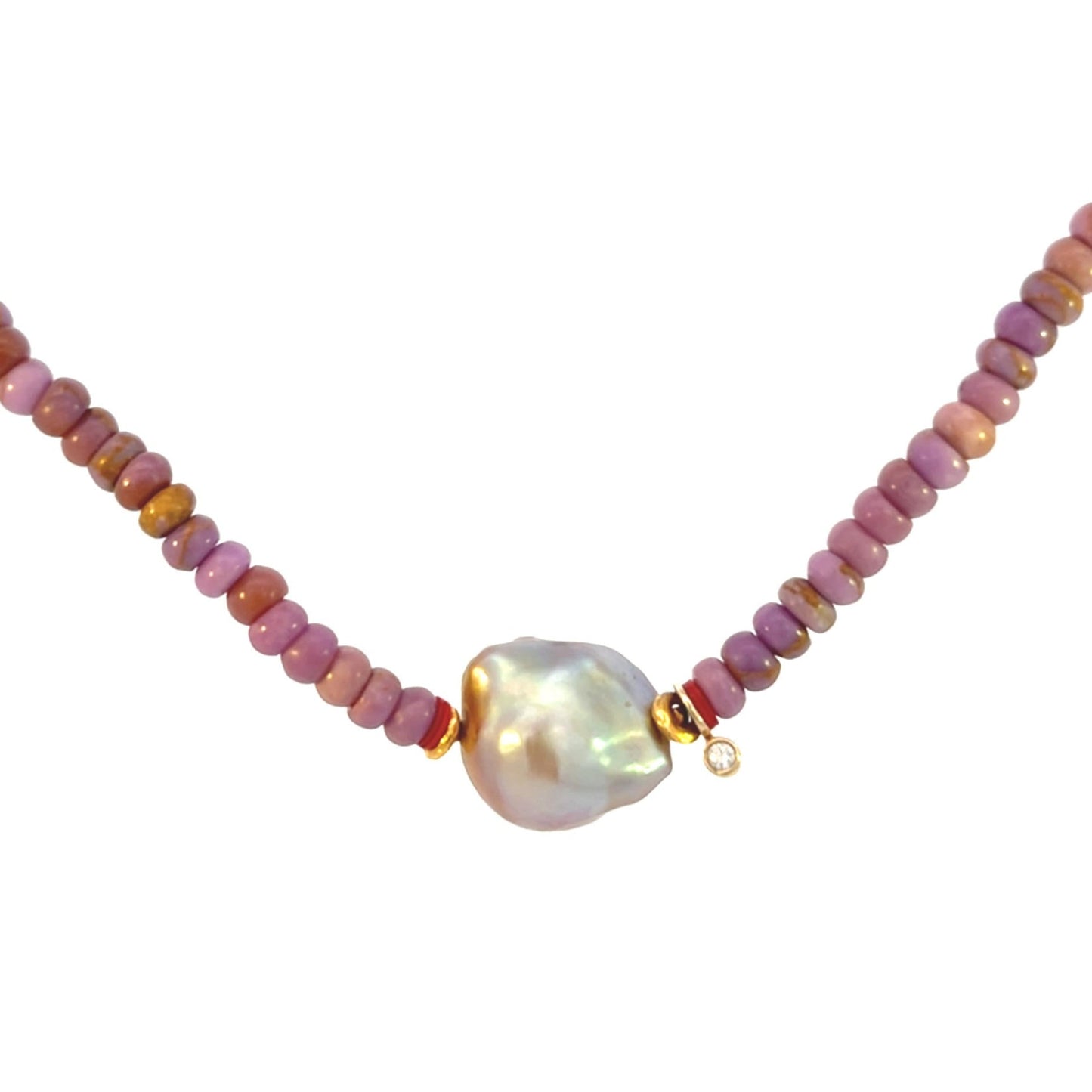 18K Phosphosiderite Rondelle and Freshwater Pearl Beaded Necklace with White Diamond Charm